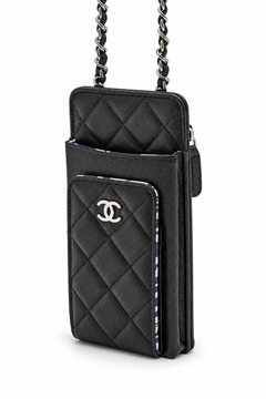Black quilted phone pouch with chain