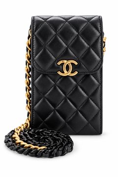 Black quilted phone pouch with gold chain