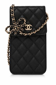 Quilted black phone pouch with gold chain