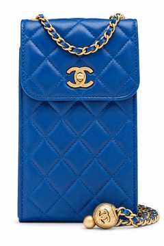 Royal-blue quilted phone pouch with chain