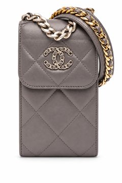 Taupe quilted phone pouch with chain strap