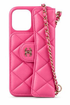 Pink quilted phone case with chain