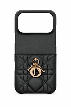 Black quilted phone case with gold charm