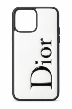 White Dior phone case with raised lettering
