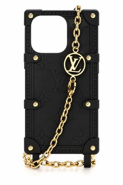 Black trunk-style phone case with gold chain